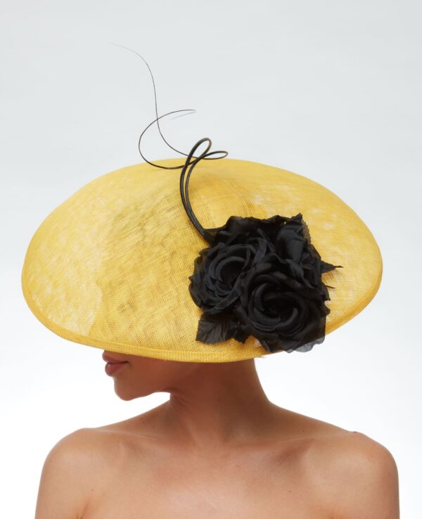 Yellow bell hat with black roses and quills - Image 3