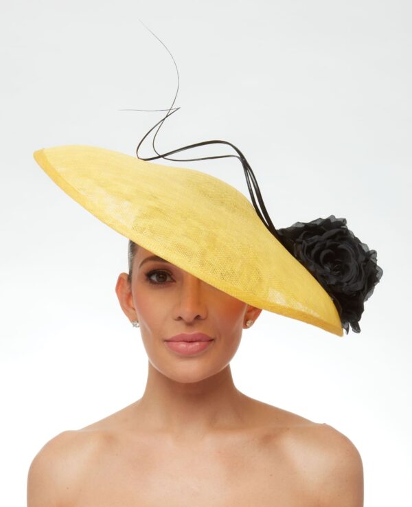 Yellow bell hat with black roses and quills