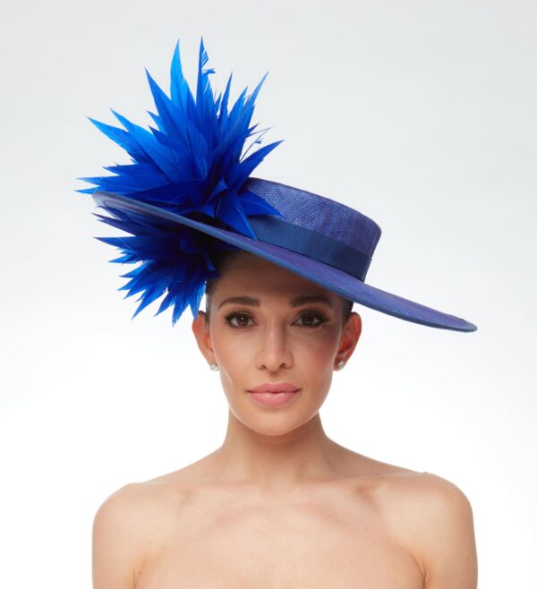 Cobalt blue boater hat with feather above and below brim