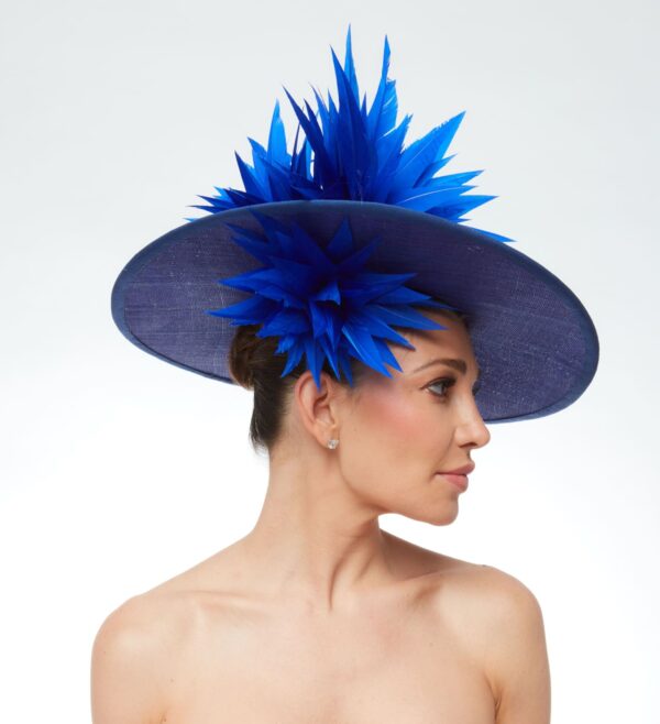 Cobalt blue boater hat with feather above and below brim - Image 3