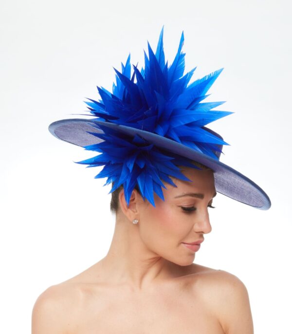 Cobalt blue boater hat with feather above and below brim - Image 2