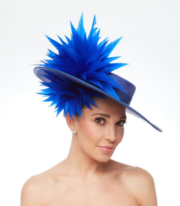 Cobalt blue boater hat with feather above and below brim - Image 4