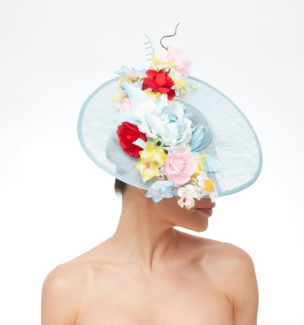 Azuri baby blue hat with multicolored silk flowers - Image 4