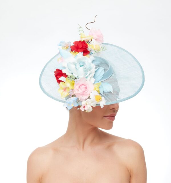 Azuri baby blue hat with multicolored silk flowers - Image 5