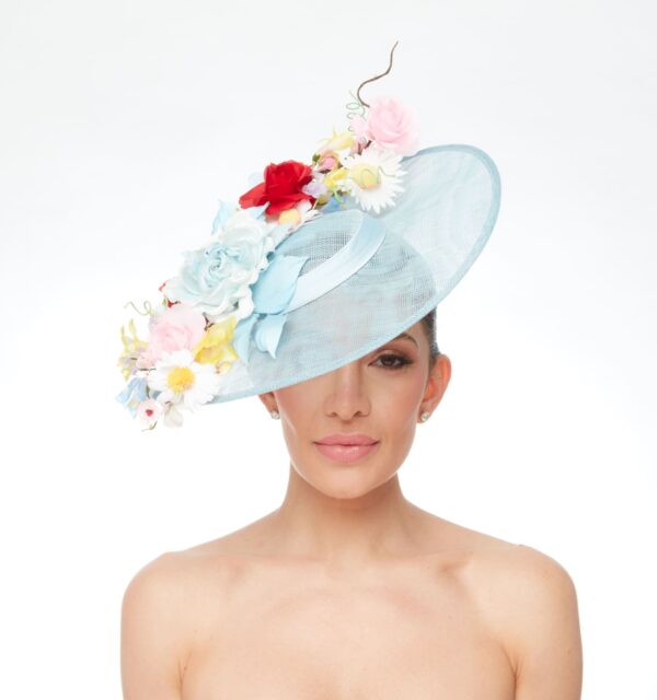 Azuri baby blue hat with multicolored silk flowers