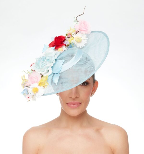 Azuri baby blue hat with multicolored silk flowers - Image 2