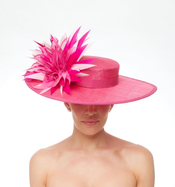 Pink boater with multicolored pink feather adornment - Image 2