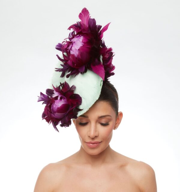 Mint feather front saucer with magenta feather flowers - Image 2