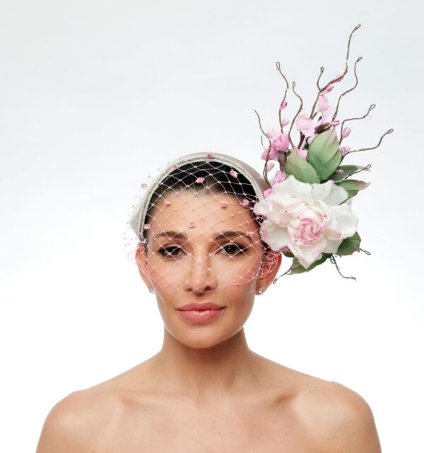 Arabella light green pink and mauve headband with silk roses and cherry blossoms