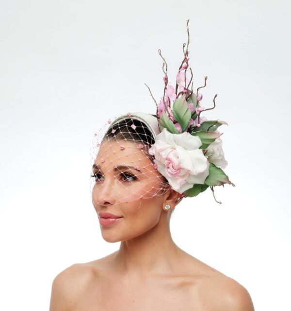 Arabella light green pink and mauve headband with silk roses and cherry blossoms - Image 2