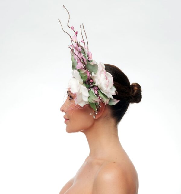 Arabella light green pink and mauve headband with silk roses and cherry blossoms - Image 3