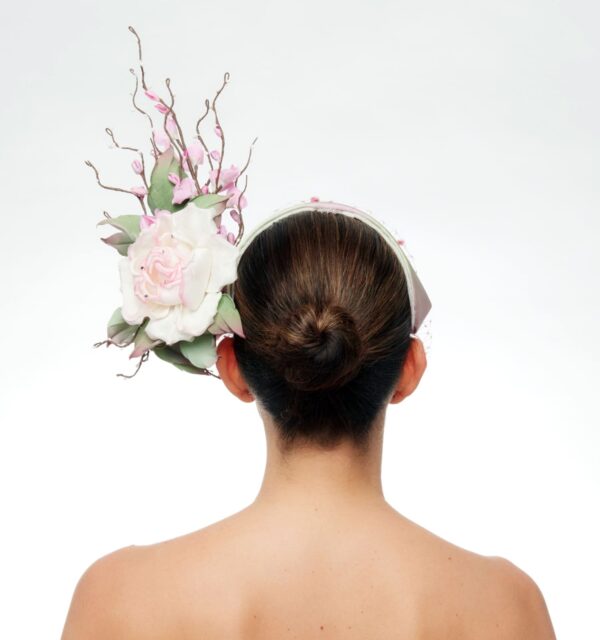 Arabella light green pink and mauve headband with silk roses and cherry blossoms - Image 4