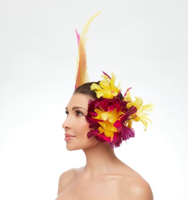 Magenta yellow and orange floating side feather flowers - Image 3