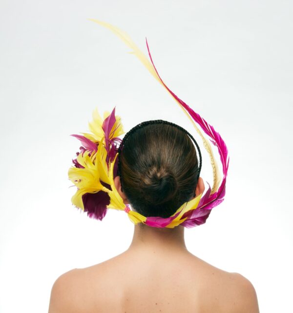 Magenta yellow and orange floating side feather flowers - Image 5