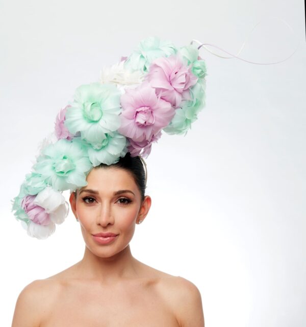 Large flower crown in mint white and pink feathers