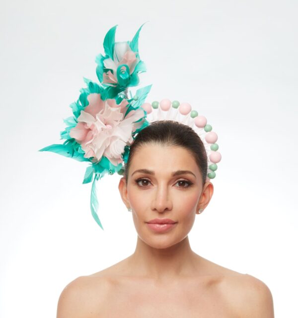 Pink and teal bead feather crown