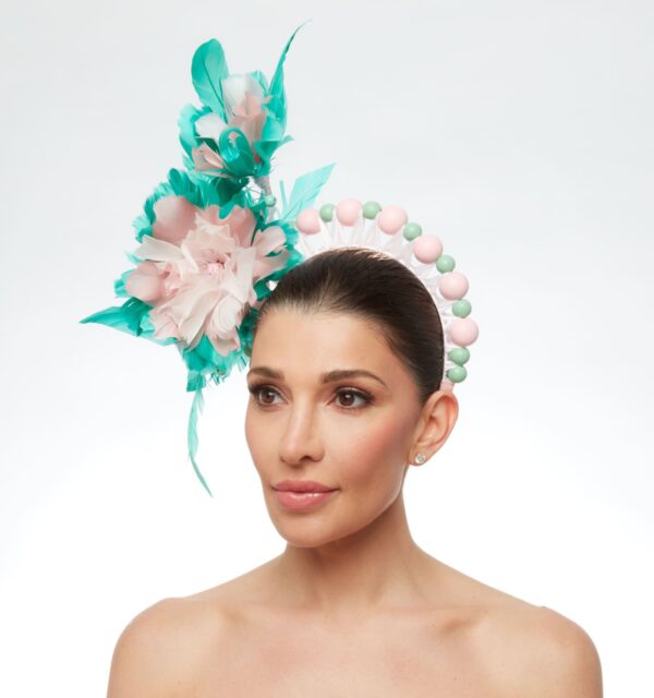 Pink and teal bead feather crown - Image 2