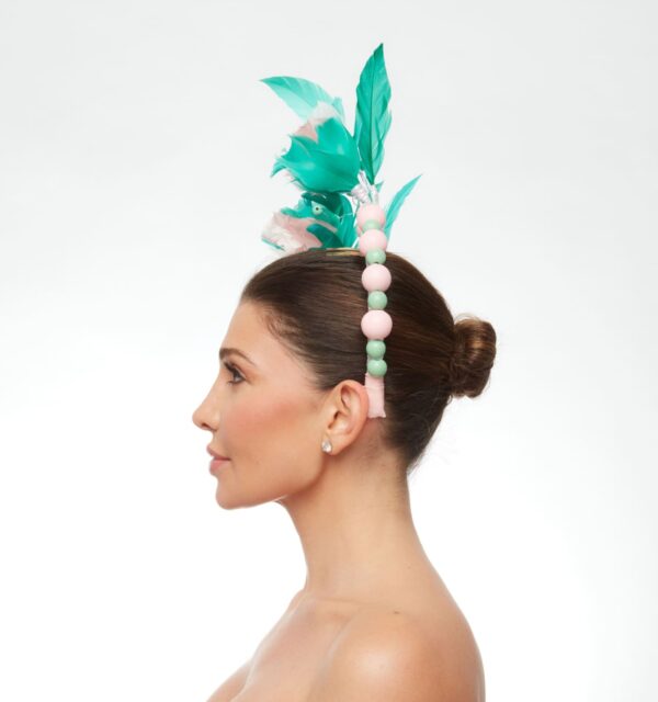 Pink and teal bead feather crown - Image 3