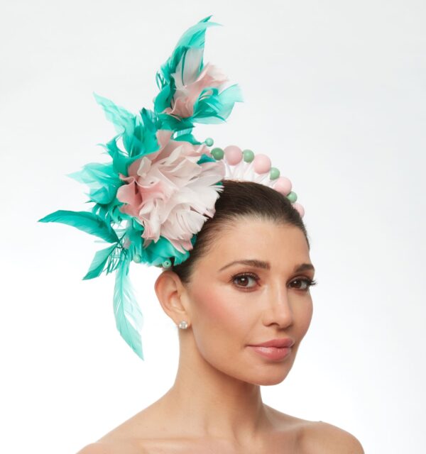 Pink and teal bead feather crown - Image 6