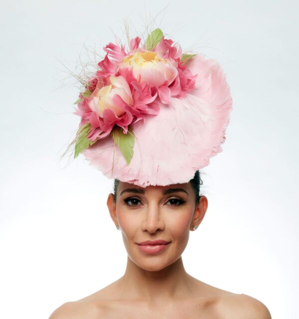 Pink feather front saucer with feather flowers