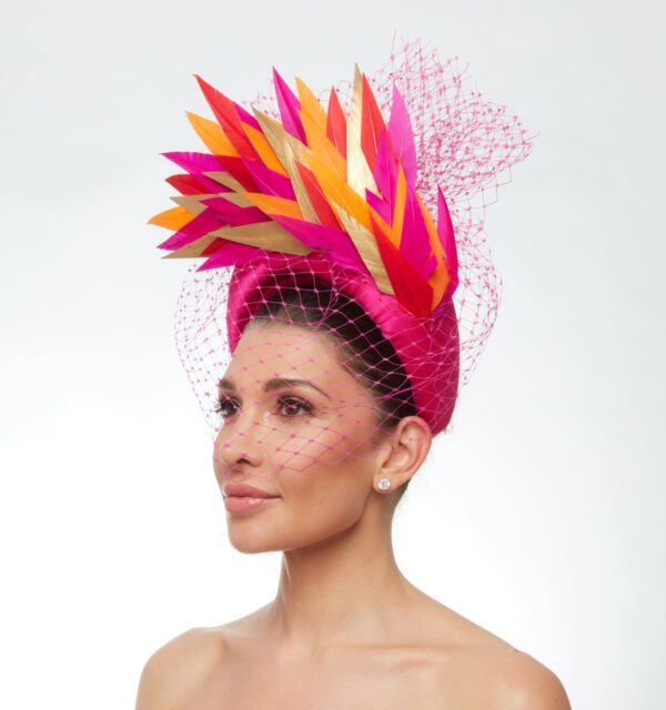 Magenta soft headband with orange pink and gold feathers and veiling - Image 2