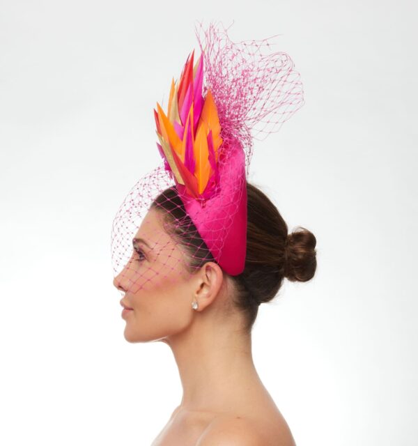 Magenta soft headband with orange pink and gold feathers and veiling - Image 3