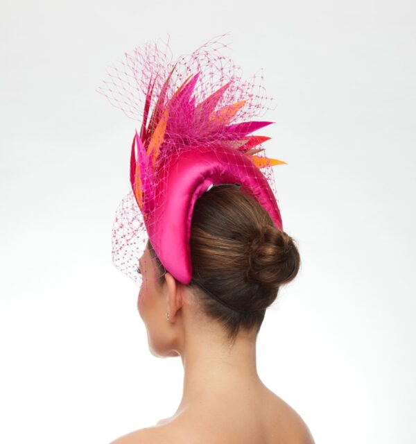 Magenta soft headband with orange pink and gold feathers and veiling - Image 4