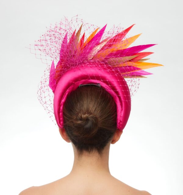 Magenta soft headband with orange pink and gold feathers and veiling - Image 5