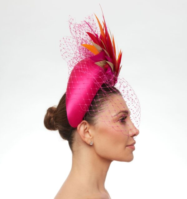 Magenta soft headband with orange pink and gold feathers and veiling - Image 6