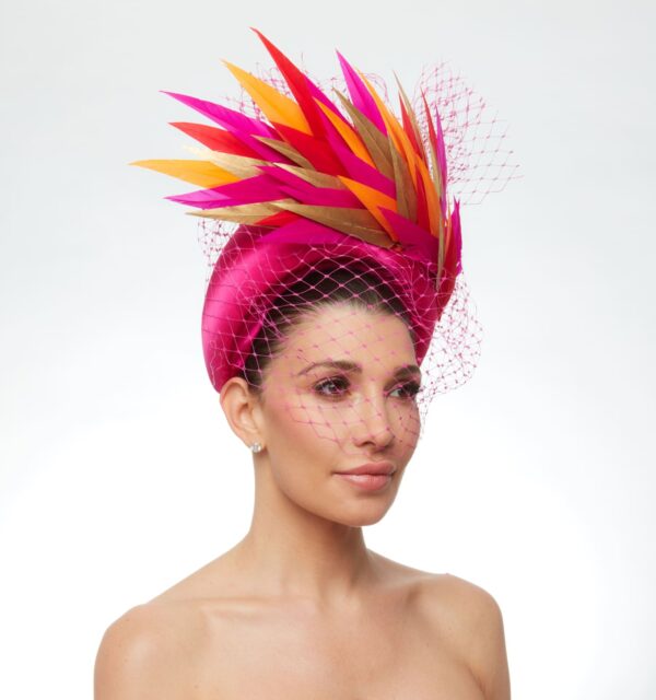 Magenta soft headband with orange pink and gold feathers and veiling - Image 7