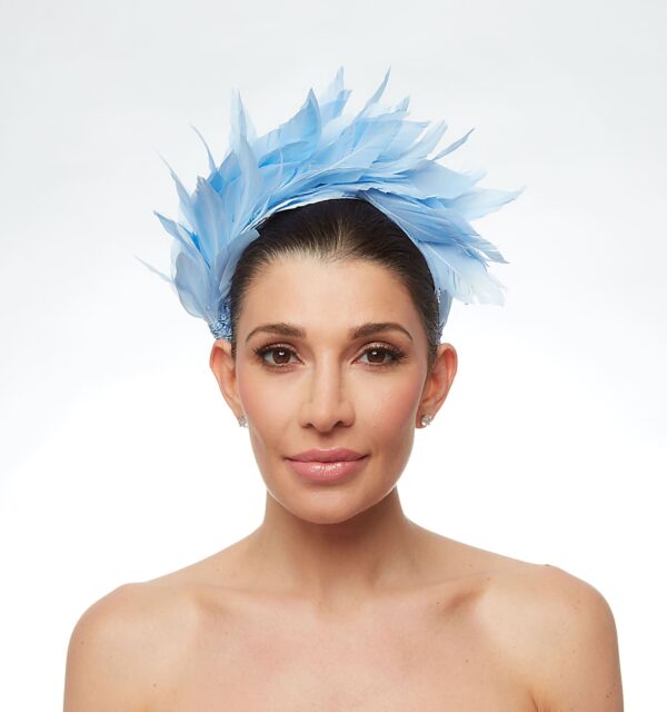 Cornflower blue feathered headpiece