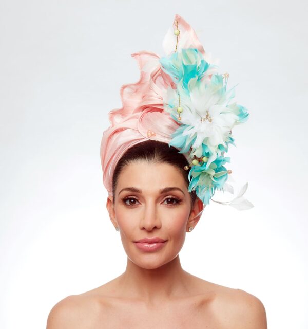 Turquoise crown with pink turquoise feather flowers and mesh