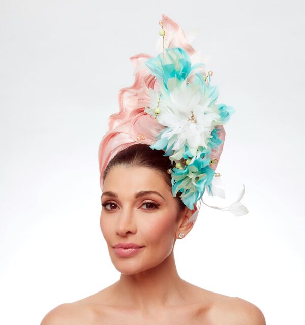 Turquoise crown with pink turquoise feather flowers and mesh - Image 2