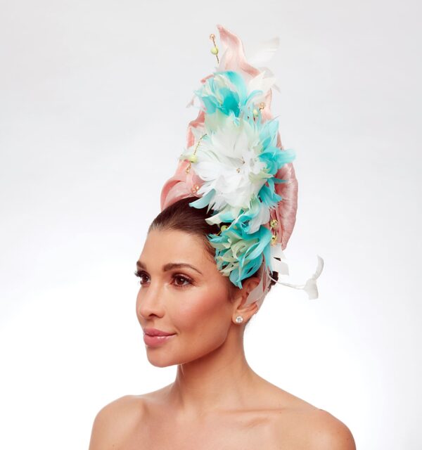 Turquoise crown with pink turquoise feather flowers and mesh - Image 3