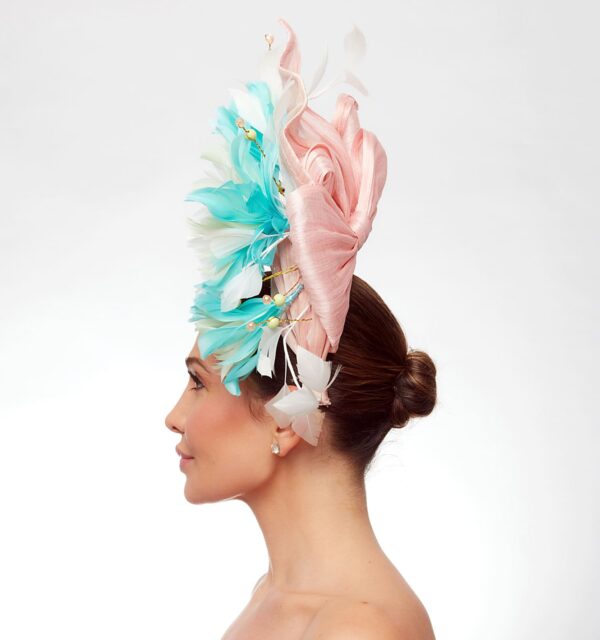 Turquoise crown with pink turquoise feather flowers and mesh - Image 4