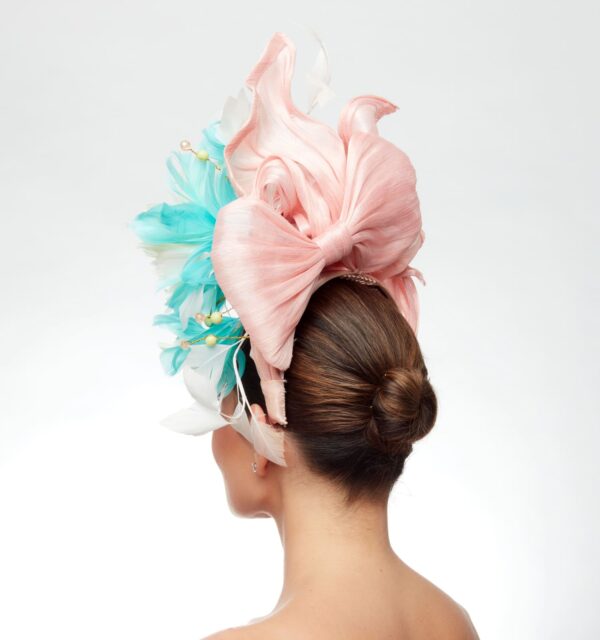 Turquoise crown with pink turquoise feather flowers and mesh - Image 5