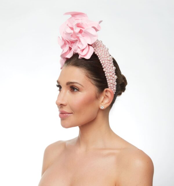 Baby pink foam flowers on beaded headband - Image 2