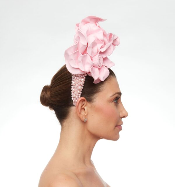 Baby pink foam flowers on beaded headband - Image 5