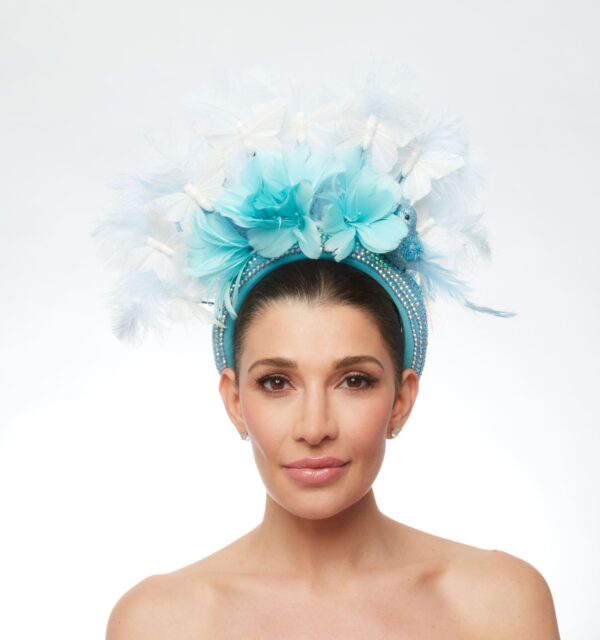 Blue headband with white feather flowers