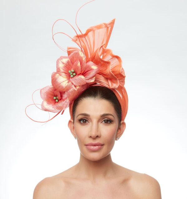 Coral turban with silk flowers