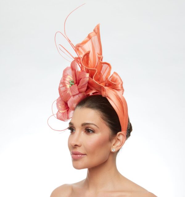 Coral turban with silk flowers - Image 2