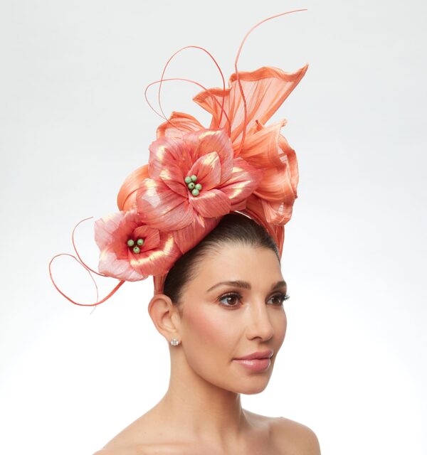 Coral turban with silk flowers - Image 5