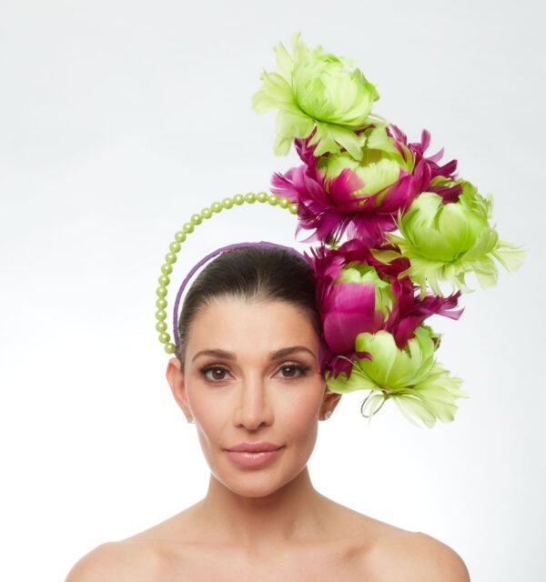 Magenta lime feather flower cascade with lime pearl halo