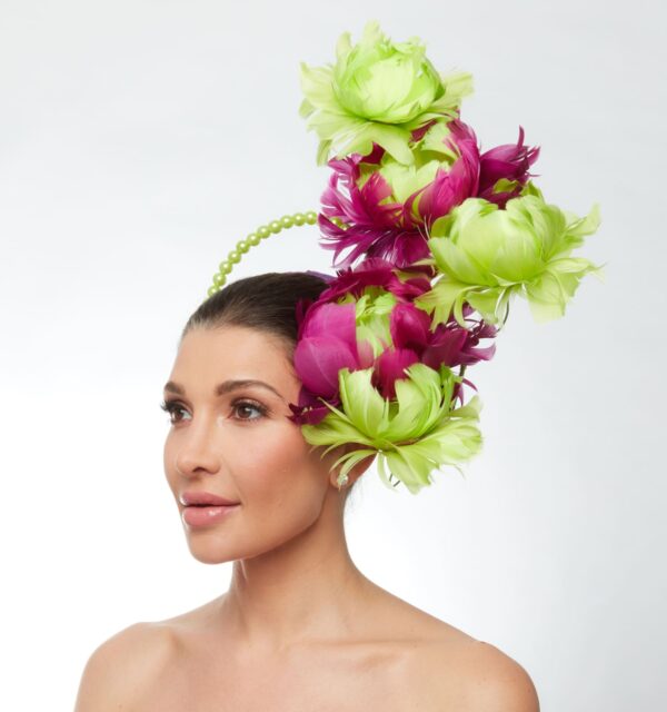 Magenta lime feather flower cascade with lime pearl halo - Image 2