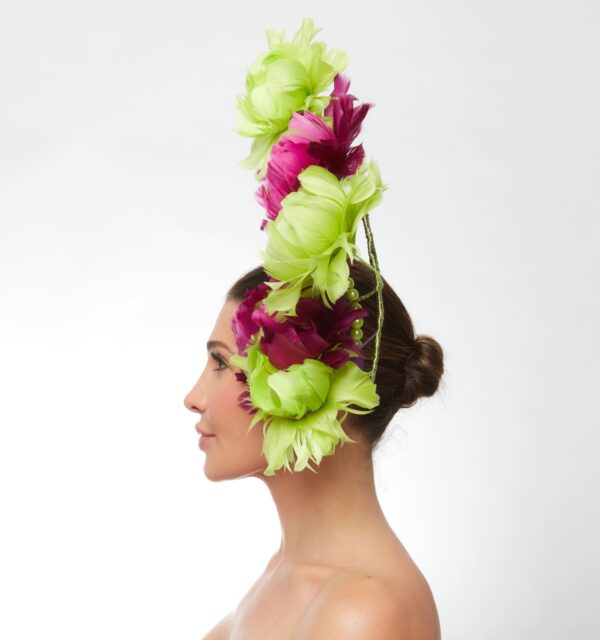 Magenta lime feather flower cascade with lime pearl halo - Image 3