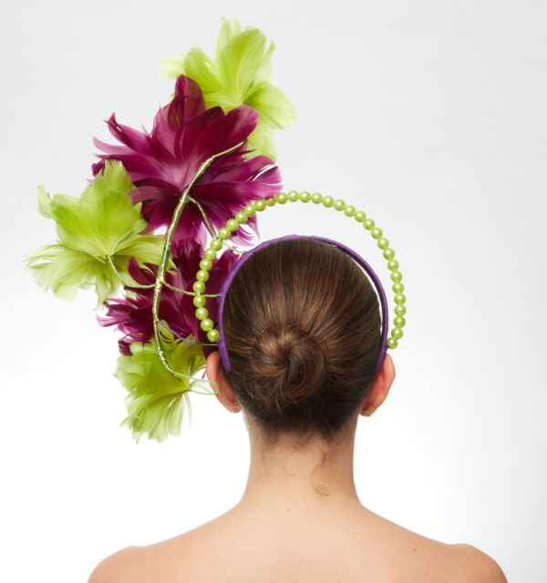 Magenta lime feather flower cascade with lime pearl halo - Image 4