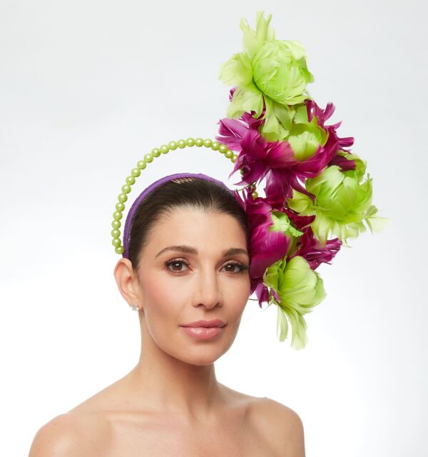 Magenta lime feather flower cascade with lime pearl halo - Image 5