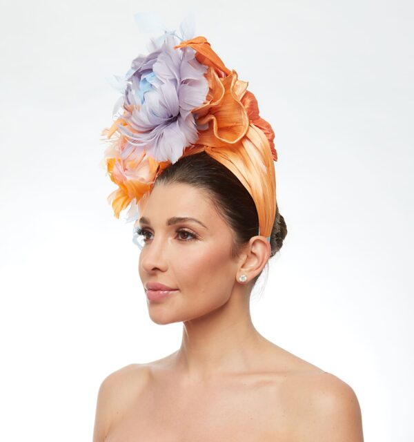 Coral turban with blue and peach feather flowers - Image 2