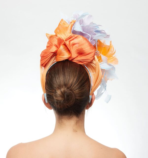 Coral turban with blue and peach feather flowers - Image 3