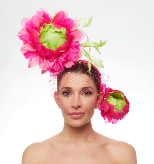 Hot pink and lime floating feathers with gemmed veiling